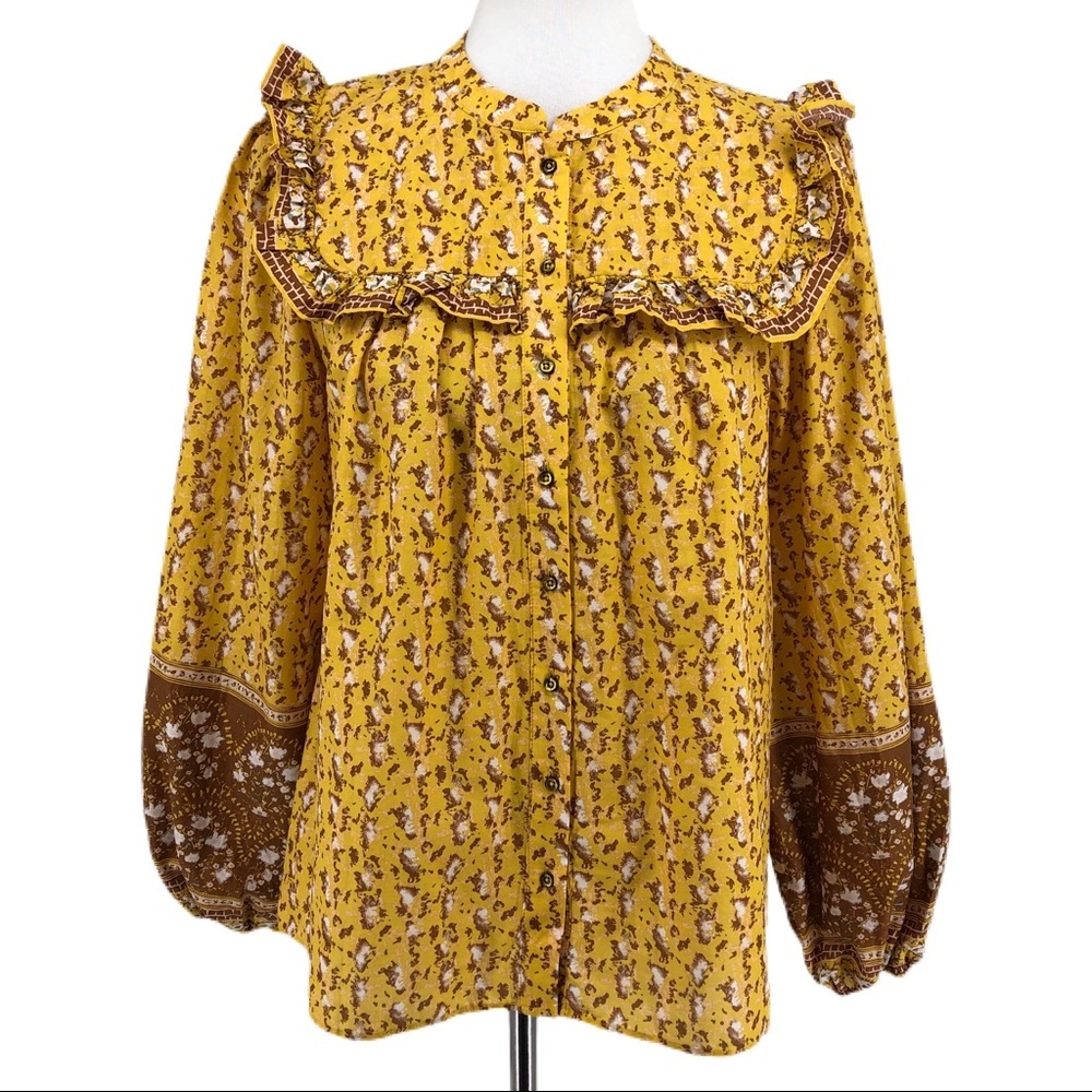 Joie Yellow Puff Shoulder Ruffle Yoke Button-Down Cotton Blouse sz M